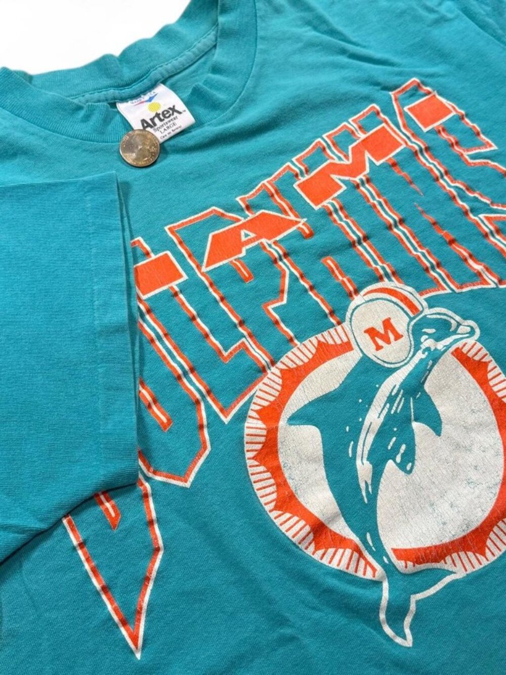 Vintage 90s Miami Dolphins Artex NFL Football Single Stitch Aqua Blue Tee Large